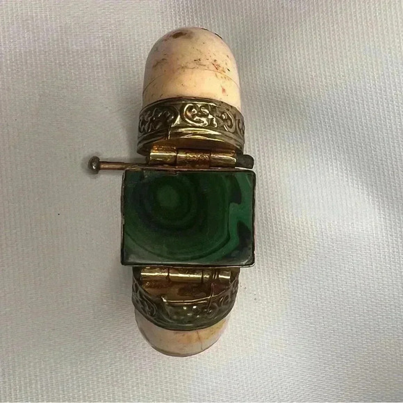 Antique Inlayed Bone & Malachite Tribal Bracelet Inlay Hinged Bracelet heavy 74g - Picture 7 of 14